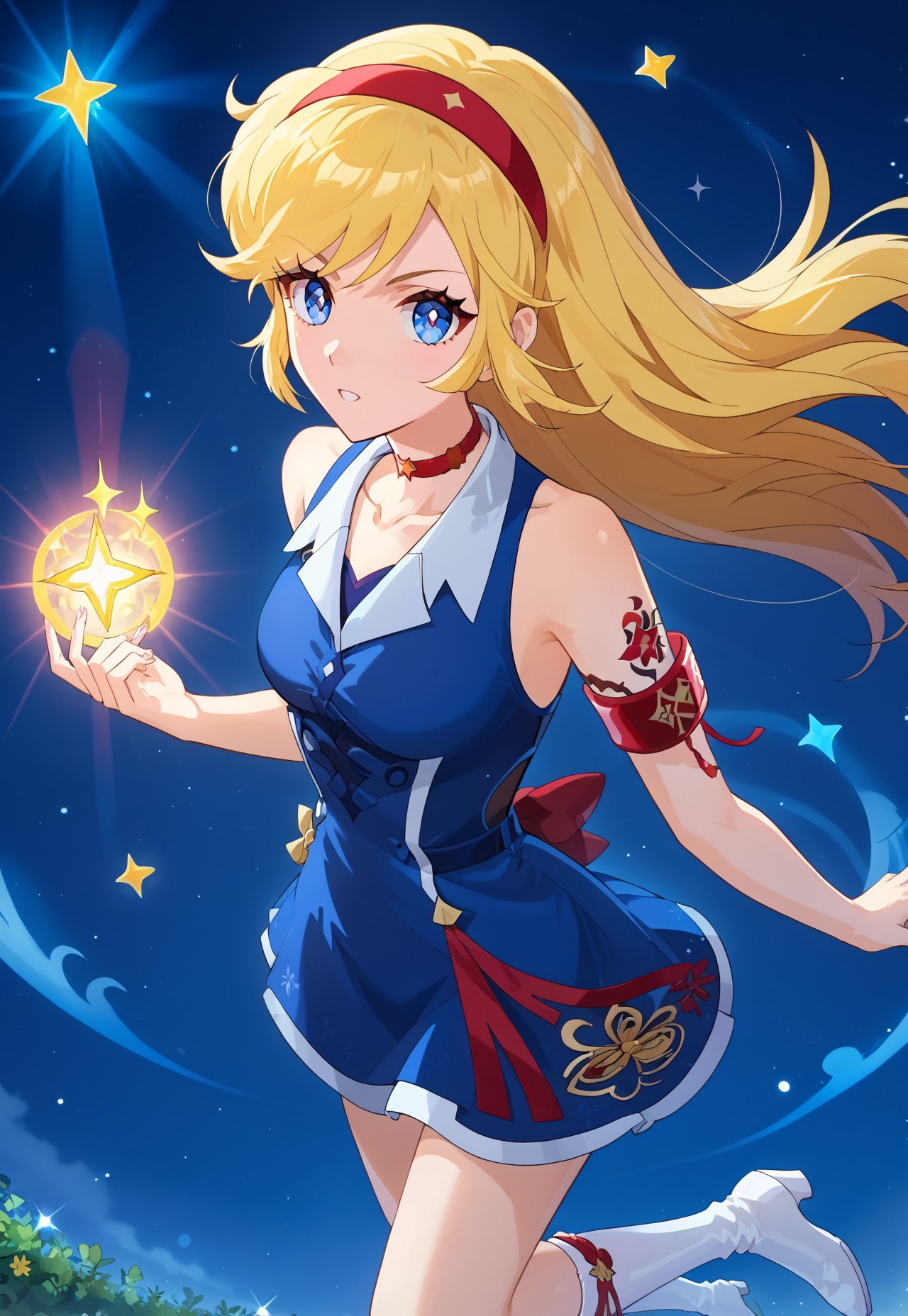 safe_pos, score_9, score_8_up, score_7_up, score_6_up, 8k, highest quality, high detail, masterpiece, best quality, (highest quality), (best shadow), intricate details, ultra-detailed face, perfect face, (correct hand, correct fingers, 5-fingers, 1.3), small eyes, accurate, anime, source_anime, (1female, kisaragi honey \(cutie honey\), blonde hair, long hair, blue eyes, swept bangs, red hairband, red choker, dress, blue dress, collared dress, sleeveless, sleeveless dress, collarbone, red, armband, white boots, knee boots), looking at viewer, dynamic pose, night, backlighting, volumetric lighting, depth of field, floating, sparkles, stars particles, dynamic angles