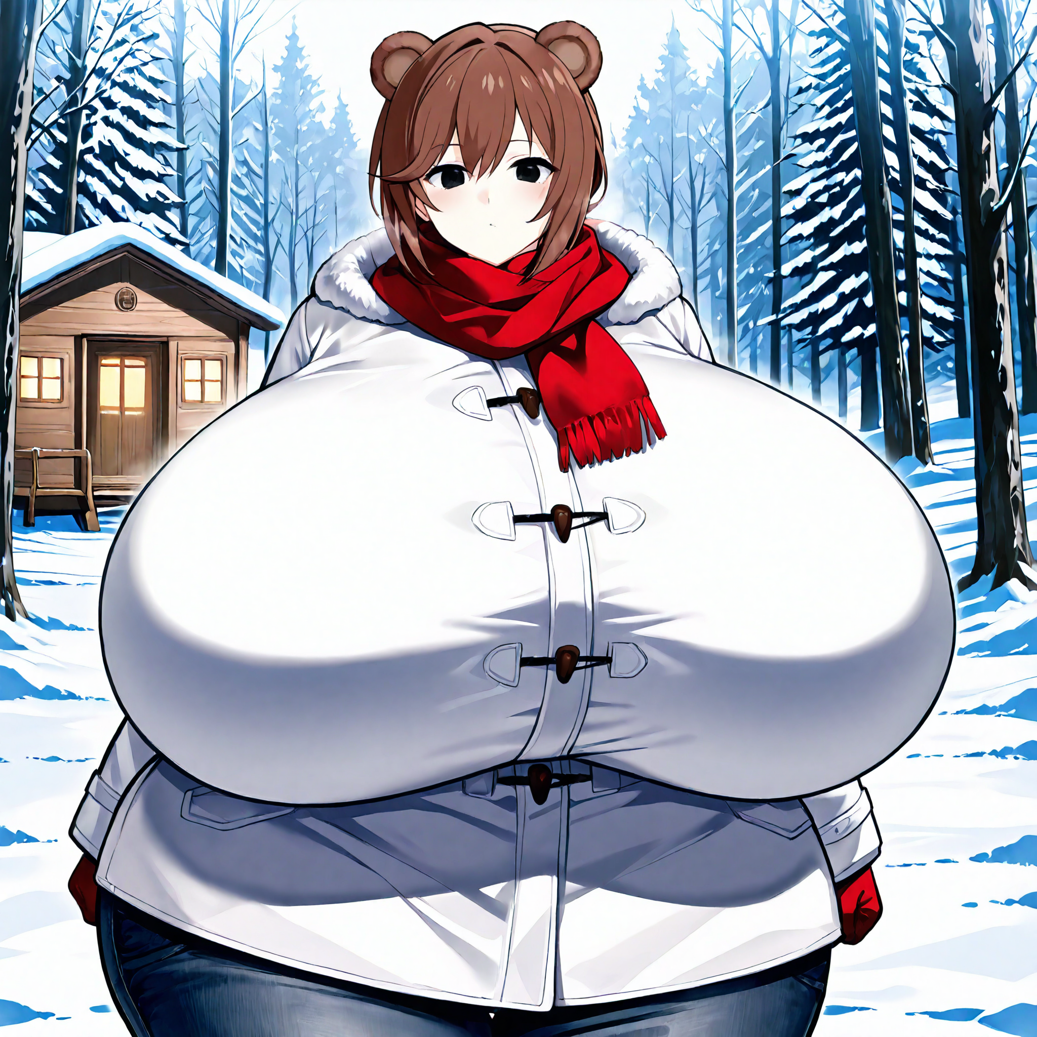 (masterpiece), best quality, (highly detailed), 1female, solo, <lora:SAZAofQUEEN_style_Illustrious:0.8>, bear ears, brown hair, black eyes, gigantic breasts, wide hips, white winter coat, pants, fitting clothes, forest, snow, cabin, red scarf, looking at viewer, blank expression,