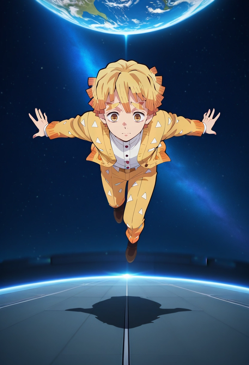 masterpiece, best quality, , anime screencap, , official style, , , 1boy, solo, male focus, <lora:zenitsu_agatsuma_ilxl:1>, zenitsu_agatsuma, blonde hair, yellow eyes, short hair, bangs, space station, earth view, star field, observation deck, floating pose, peaceful expression, space lighting, irish costume