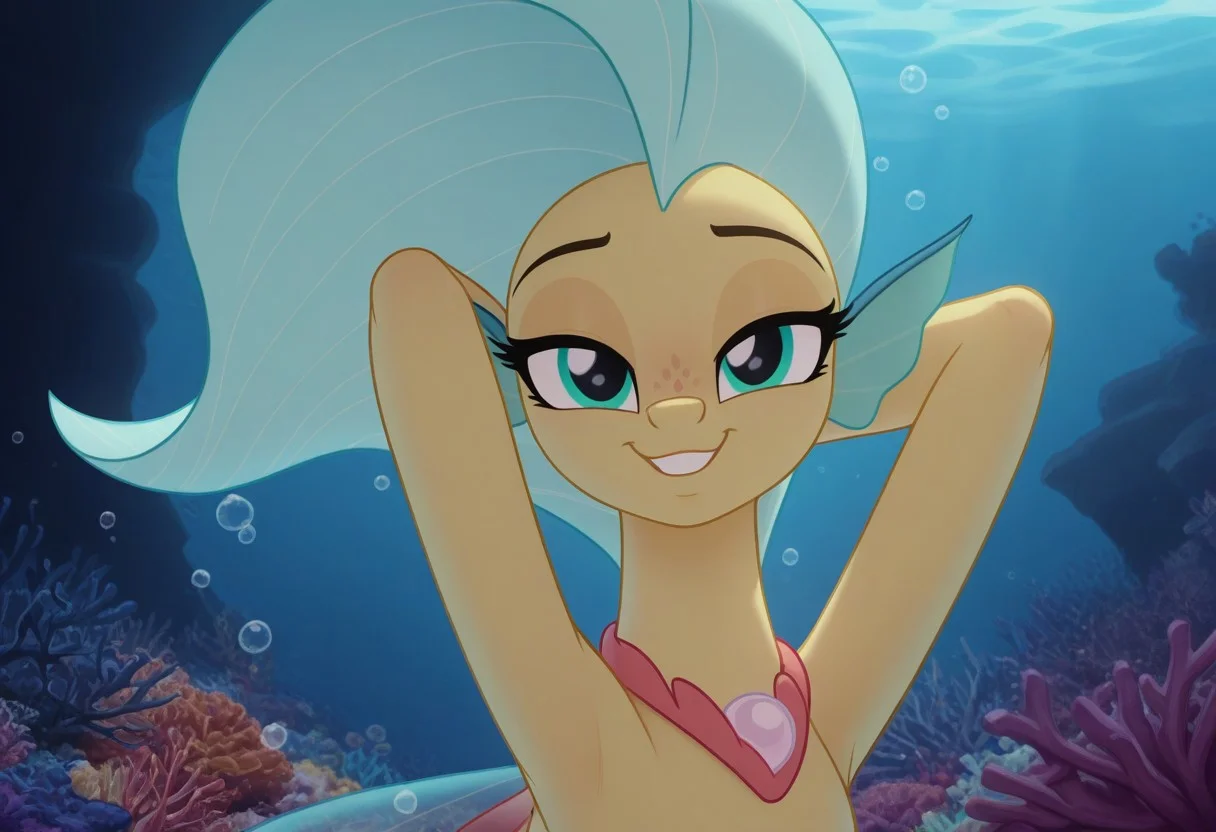 (masterpiece:1.2), (best quality:1.2), (very aesthetic:1.2), (absurdres:1.2), (detailed background), newest, sharp focus, perfect light, dynamic light, natural light, (best quality), princess skystar, skystar, my little pony, yellow skin, seapony, brilliant cyan eyes, light arctic blue hair, detailed eyes, detailed face, happy, looking at viewer, necklace, underwater, fin hands, face focus, hands behind head, lidded eyes, light Arctic blue head fins, air bubbles, air bubble, coral reef, dynamic lighting, cinematic lighting