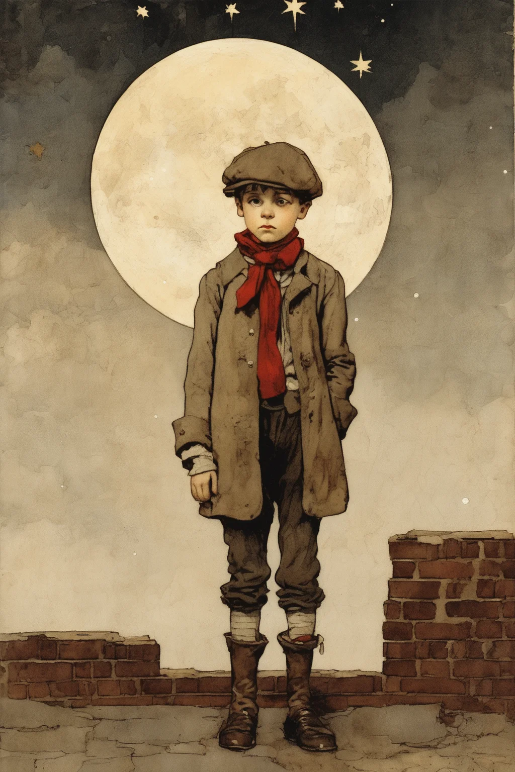 Jessie Willcox Smith Style - Oliver Twist. The image is in beige tones with red to make contrasts, showing a young boy with tattered clothes and a sad expression. He looks up to the night sky, which is filled with stars and a bright moon. The atmosphere is melancholic, with a sense of longing and despair. The materials used are mostly brick and wood, with hints of bronze.