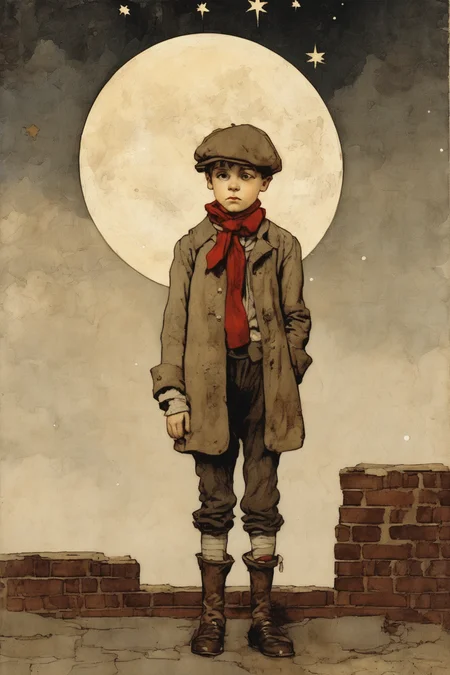 Jessie Willcox Smith Style - Oliver Twist. The image is in beige tones with red to make contrasts, showing a young boy with tattered clothes and a sad expression. He looks up to the night sky, which is filled with stars and a bright moon. The atmosphere is melancholic, with a sense of longing and despair. The materials used are mostly brick and wood, with hints of bronze.