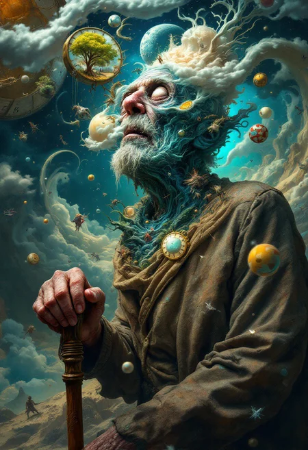The scene is a portrait of an old man, his face deeply lined with age and etched with the hardships of a long life. He leans heavily on a worn wooden cane, his posture suggesting frailty and weariness. His eyes are milky white, clouded with blindness, yet above his head swirls a breathtaking panorama of surreal visions. Melting clocks drape themselves over twisted trees, impossible geometries defy the laws of physics, and chimeric beasts prowl through landscapes that shimmer and shift like desert mirages. These visions are rendered in vivid colors and sharp detail, contrasting sharply with the muted tones and weathered textures of the old man's physical form. The surrounding air seems to hum with a subtle energy, a tangible manifestation of his inner world. The scene should evoke a sense of profound mystery and the boundless power of imagination, contrasting the limitations of physical perception with the limitless potential of the mind. The visual style should draw inspiration from the dreamscapes of Salvador Dali, with its melting clocks and distorted realities, while also incorporating the poignant realism of Andrew Wyeth in the depiction of the old man, emphasizing his vulnerability and the weight of his years. Render this with a shallow depth of field, focusing sharply on the old man's face and hands, while allowing the surreal visions above his head to swirl and flow with a sense of ethereal movement.