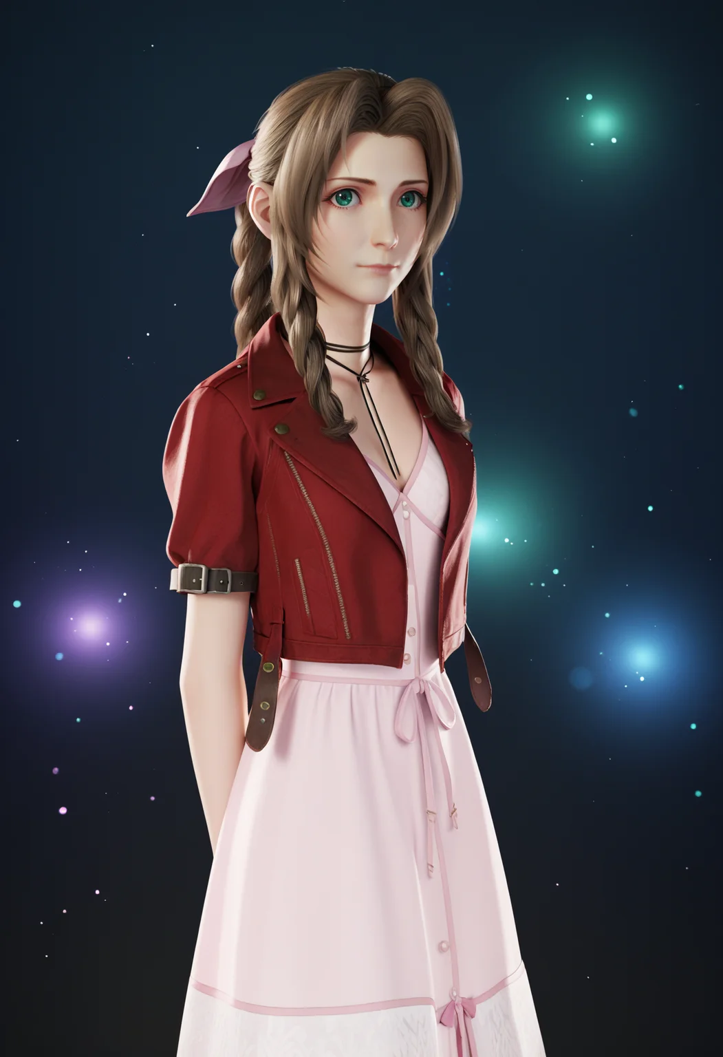 score_9, score_8_up, score_7_up, BREAK
blender,3D BREAK
1girl, aerith gainsborough, brown hair, braided ponytail, long hair, green eyes, hair ribbon, red jacket, cropped jacket, bow, choker, long pink dress, pink bow, boots,
hands behind back, looking at viewer, dark background, simple background, particles, bokeh, black background,starry background,galaxy background,dark,contrast <lora:AerithXL_byKonan:1>