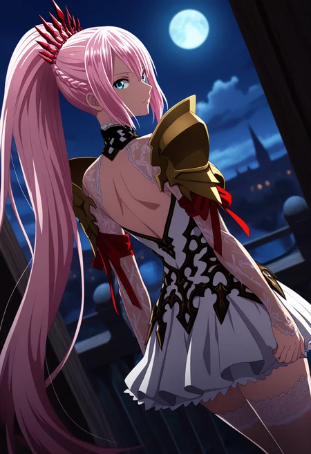 1 girl, solo, shionne imeris, pink hair, long hair, ponytail hair, blue eyes, noble scarlet, white dress, armor, pauldrons, headpiece, red ribbon, lace stocking, looking back, dark, night, moon, out doors, dimlit, dutch angle, depth of field, from behind, masterpiece, best quality, amazing quality, very aesthetic, absurdres, (scenery, volumetric lighting)