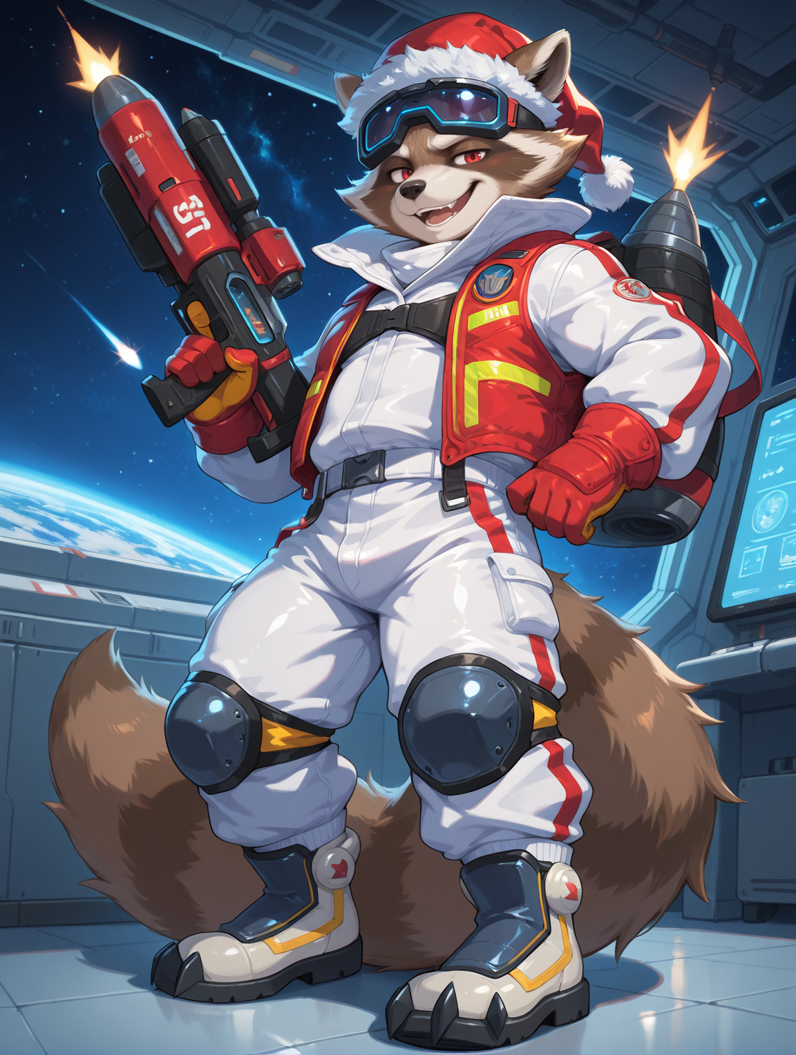 <lora:Rocket Raccoon-ChristmasSkin-illustriousXLNEW-000012:0.8>,rocket raccoon,furry,1boy,solo,plump,furry male,male focus,raccoon,red eyes,seductive_smile,winter combat uniform,goggles,pants,crampon boots,santa hat,gloves,open mouth,holding gun,tail,indoor,space station,looking_at_viewer,full body,digital painting,artwork,anime style,masterpiece,best quality,amazing quality,