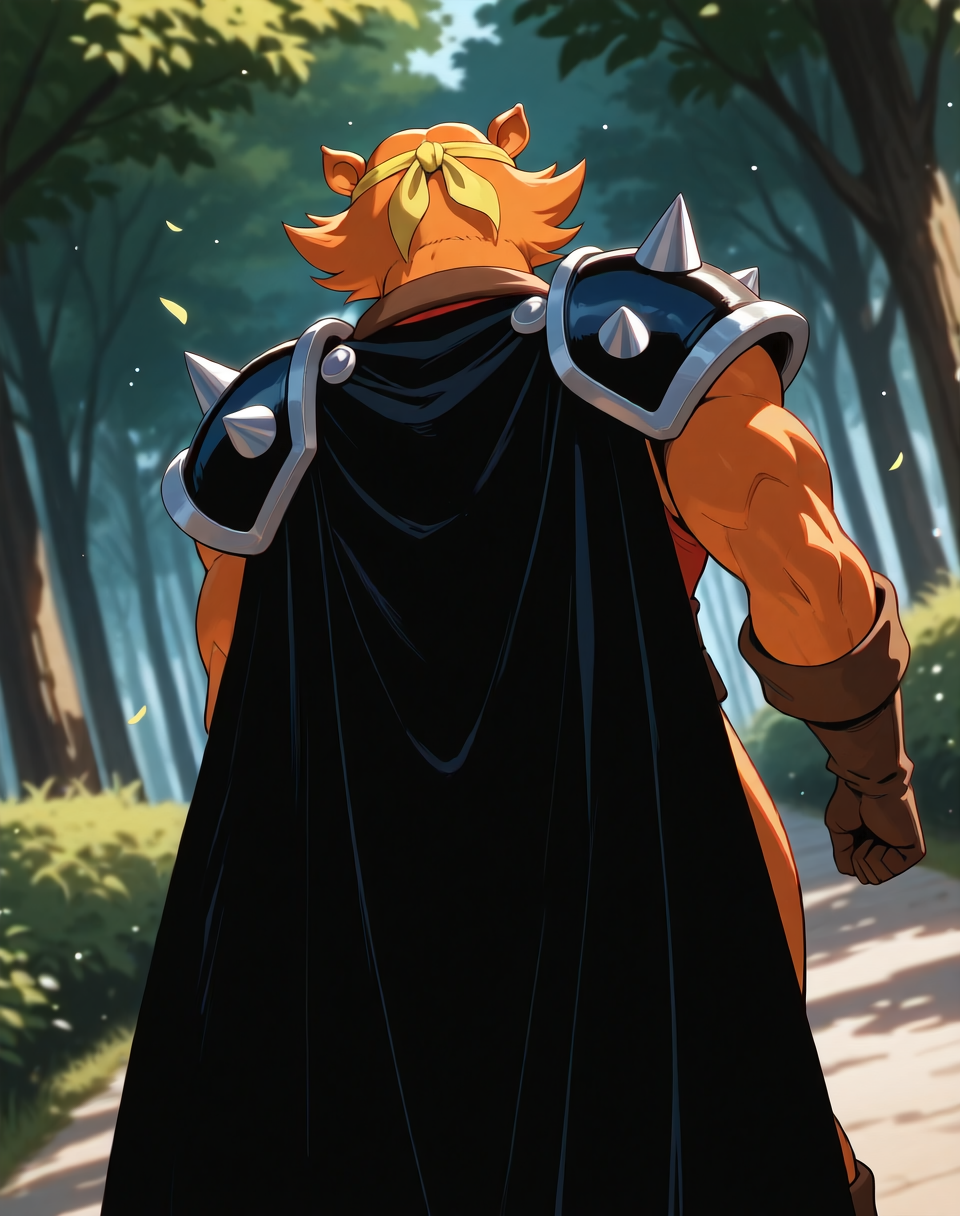 <lora:Captain_Sabretooth_(Dinosaucers)_(Illustrious)_(AD):1> Captain Sabretooth, muscular, Dinosaucers, 
dutch angle, exterior, nature, back view, butt, 
male focus, gradient coloring, solo, orange body, orange fur, cowboy shot, cape, bent leg, yellow head band, perfect proportions, black pauldrons, 
BREAK very awe, aesthetically pleasing, masterpiece, best quality, amazing quality, very aesthetic, perfect depth of field shot, in'ei, 
EZRealPONYXL, zPDXL, Smooth Quality, lazympos, IllustQualXL_Pos,