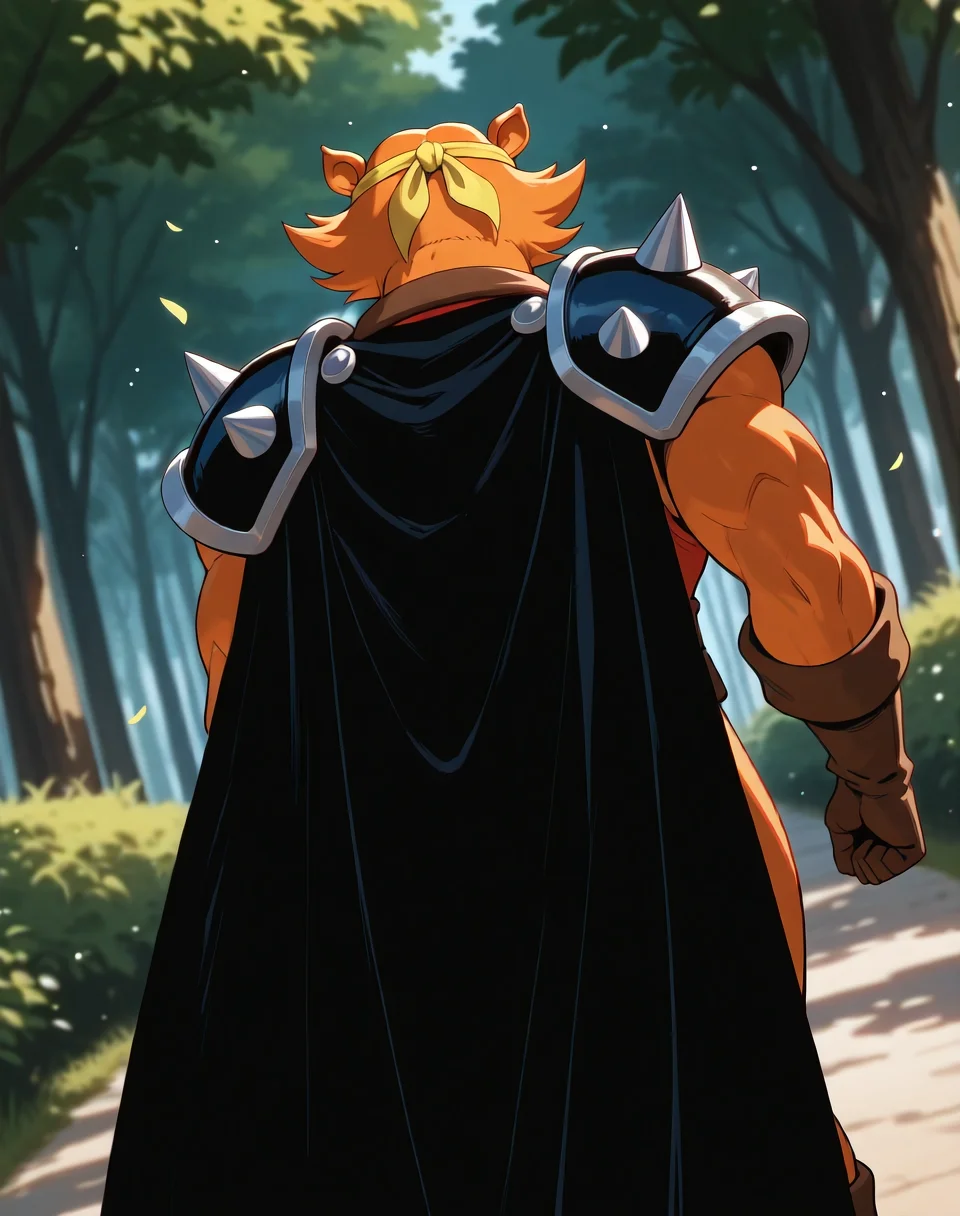<lora:Captain_Sabretooth_(Dinosaucers)_(Illustrious)_(AD):1> Captain Sabretooth, muscular, Dinosaucers, 
dutch angle, exterior, nature, back view, butt, 
male focus, gradient coloring, solo, orange body, orange fur, cowboy shot, cape, bent leg, yellow head band, perfect proportions, black pauldrons, 
BREAK very awe, aesthetically pleasing, masterpiece, best quality, amazing quality, very aesthetic, perfect depth of field shot, in'ei, 
EZRealPONYXL, zPDXL, Smooth Quality, lazympos, IllustQualXL_Pos,