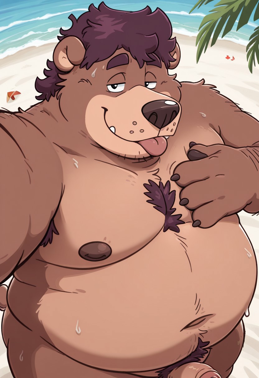 J4n, detail background, male, anthro bear, plump, overweight, fat, brown body/fur, dark purple hair, obese, big belly, dark purple chest hair, messy hairstyle, four fingers, short tail, short hair, dark purple eyebrows, round ears, short ears, black nose, black eyes, two tone fur, BREAK nude, penis, foreskin, balls, wet body, solo, absolutely eye-catching, smug, at the beach, male focus, touching chest, sweat, looking at viewer, selfie, narrowed eyes, seductive, outdoors, clouds, palm trees, horny, closed mouth, hand on chest, from above, close-up, upper body, beach umbrella, tongue out