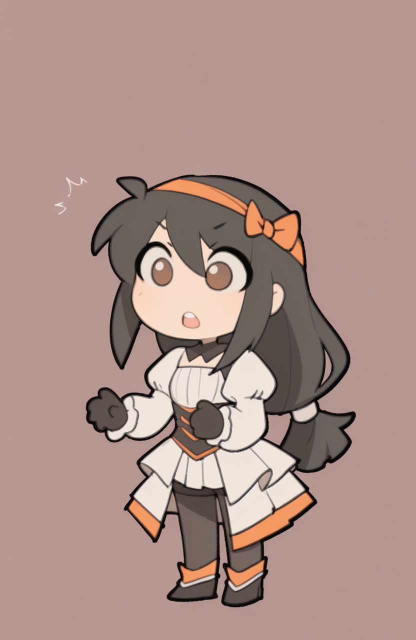 1girl, solo, <lora:TemmieChang_v5:0.9> tmchng,
<lora:ffgarnet-illu-nvwls-v1_1:0.5> ffixgarnet, black hair, brown eyes, low-tied long hair, noble servant outfit, puffed sleeves, overskirt, black pantyhose, bow headband, gloves, surprised,
chibi, petite, extremely detailed, highres, masterpiece, best quality