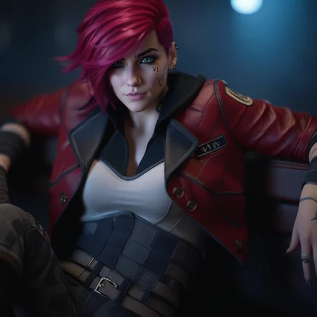 cinematic photo a woman, full body, pink hair, red jacket, sitting looking at the viewer, steampunk background, (((text ''VI''))) <lora:Vi1024-V2:0.8> . 35mm photograph, film, bokeh, professional, 4k, highly detailed