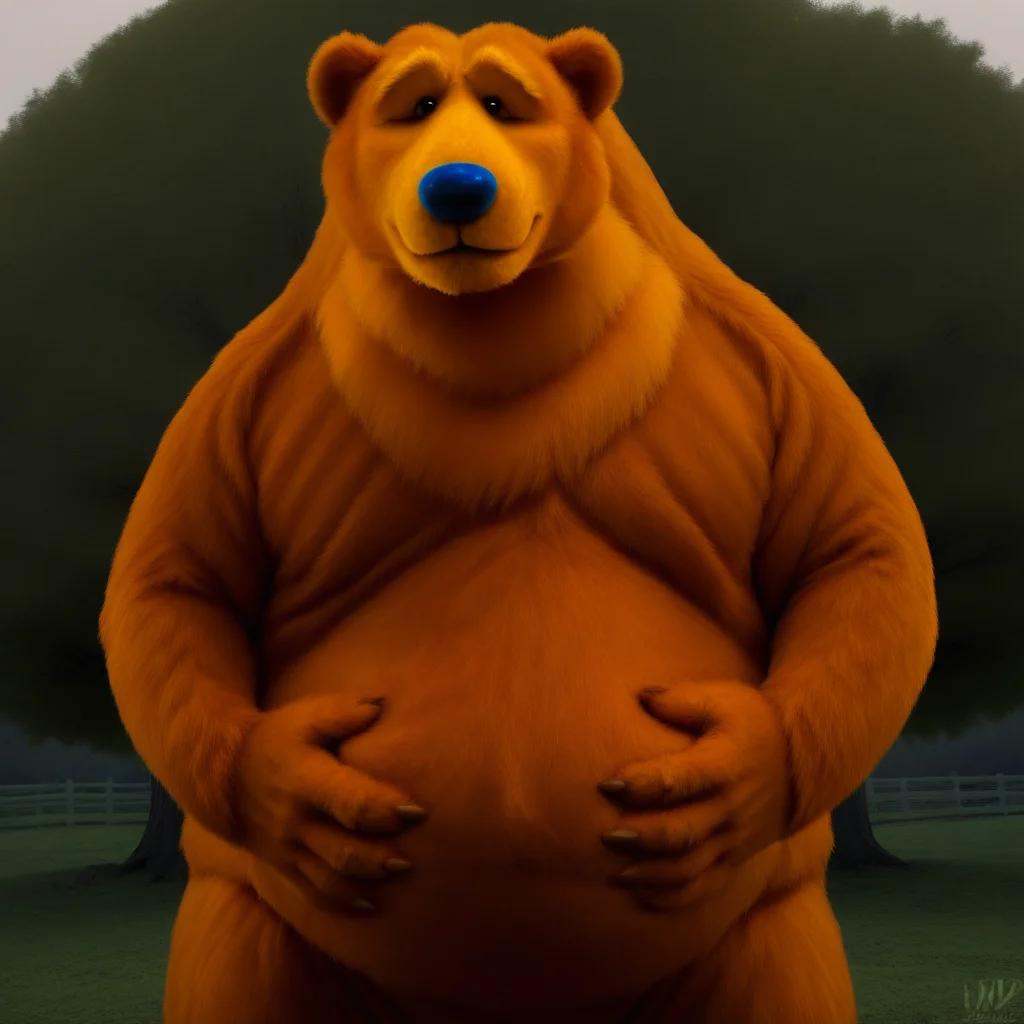 big bear, belly, no nipples, hands on belly, realistic, blue nose, very tall, looking down at viewer, in a valley
