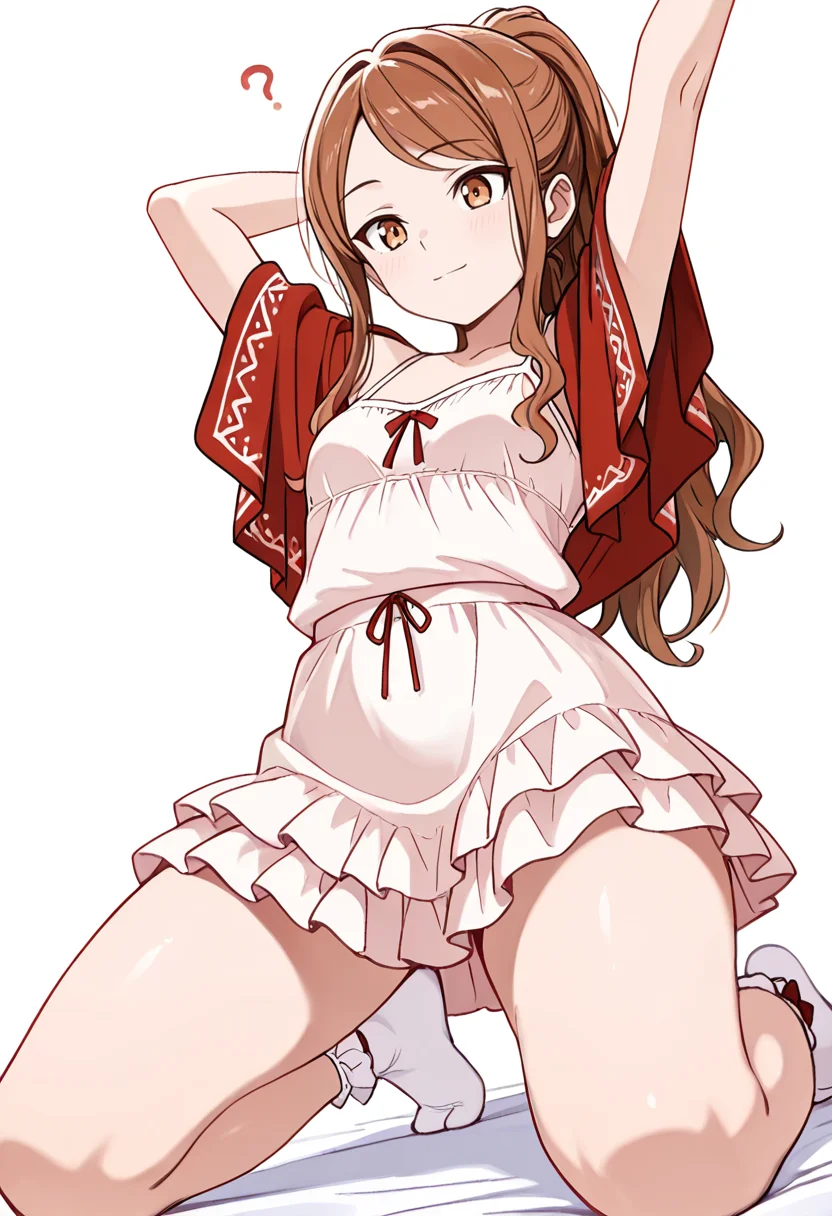 masterpiece,high quality details, absurdres,
<lora:Aona:0.8> aona_cnr, 1girl, brown hair, long hair, ponytail, brown eyes,, simple background, white background, dynamic angle,solo,, confused,light smile,, stretching pose,casual stride,kneeling with thighs apart,, camisole,poncho ,ruffled skirt, ,bow legwear socks,