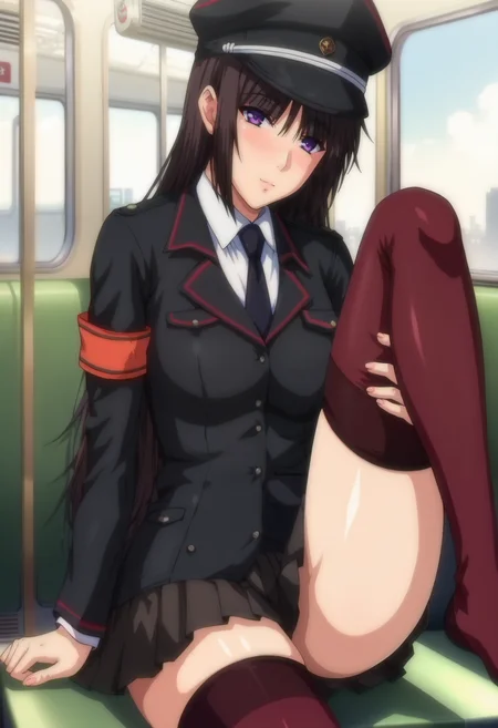 score_9, score_8_up, score_7_up, score_6_up, score_5_up, score_4_up
BREAK
rin_olis, 1girl, solo, black hair, long hair, purple eyes, peaked cap, black suit, armband, pleated skirt, red thighhighs, looking at viewer, blush, sitting, leg up
BREAK
train interior, window, scenery, day, blue sky
<lora:rin_SaishuuChikanDensha_sdxl_v1:1>