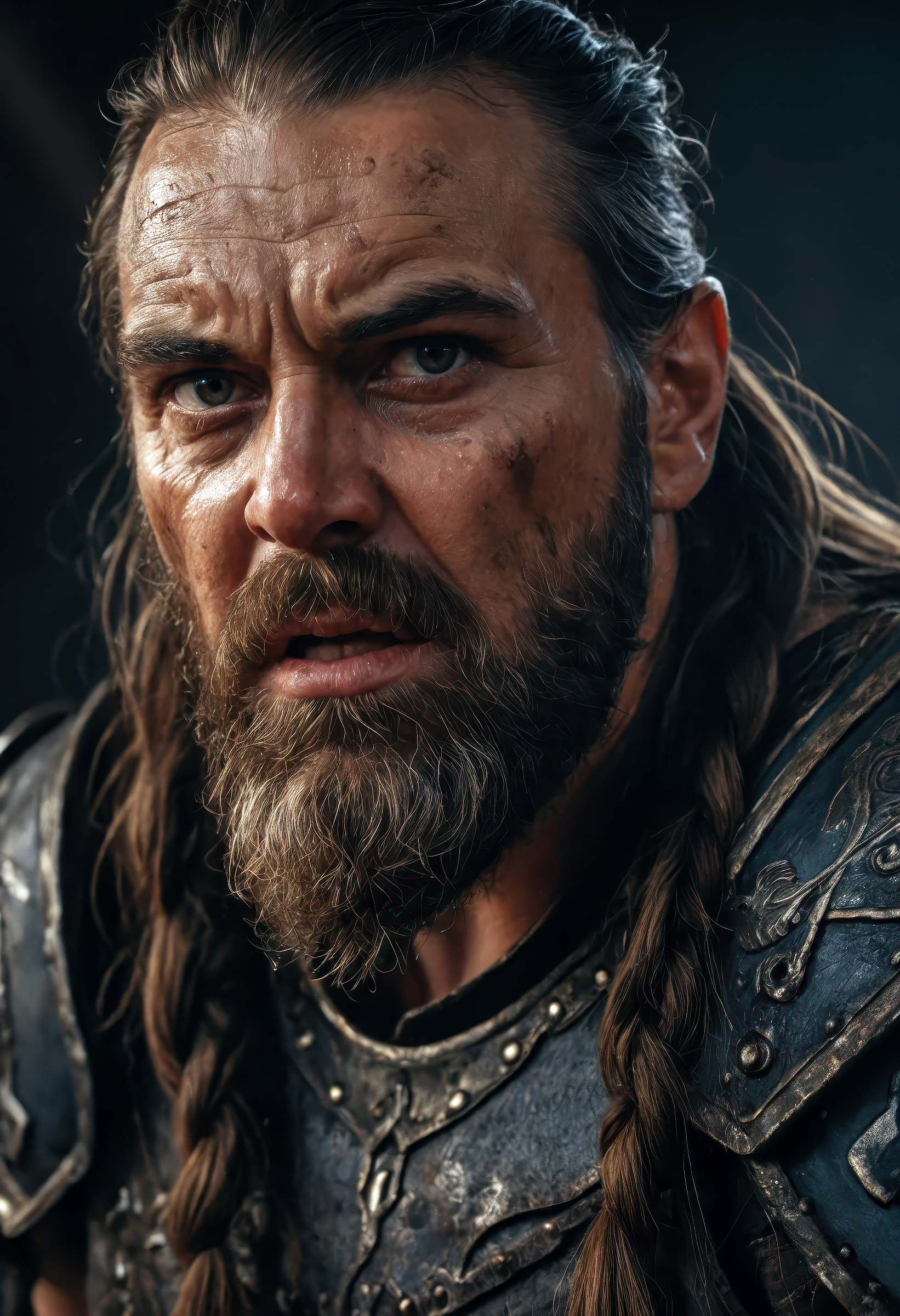 A hyper-realistic portrait of a furious fantasy dwarf warrior, glaring directly at the viewer with fiery, long braided beard cascading over thick, rune-etched ornate armor, aged and battle-worn, set in a dark and faded color palette with subtle hints of steel blue and ash, illuminated by dramatic cinematic lighting that carves deep shadows into his stern, rugged face, intense expression twisted with rage, jaw clenched and brows furrowed, rich weathered textures across skin and metal, background blurred with motion suggesting chaos or battle aftermath, subtle film grain adding realism, unusual limited dark tones intensifying the mood, extreme realism with sharp facial detail, deep atmosphere, fantasy realism with a gritty, grim tone, professional studio composition, masterpiece quality