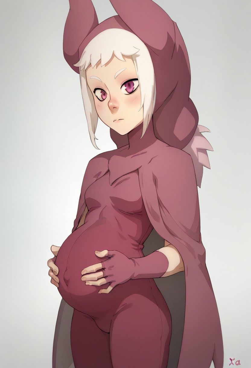 score_9, score_8_up, score_7_up, xaxaxa 1_style,  1girl, solo, pregnant, norawakfu, white hair, purple eyes, hood, horns, hood, horns, cloak, fingerless elbow gloves, bodysuit, cape, standing, holding belly, covered belly, covered navel, white background,