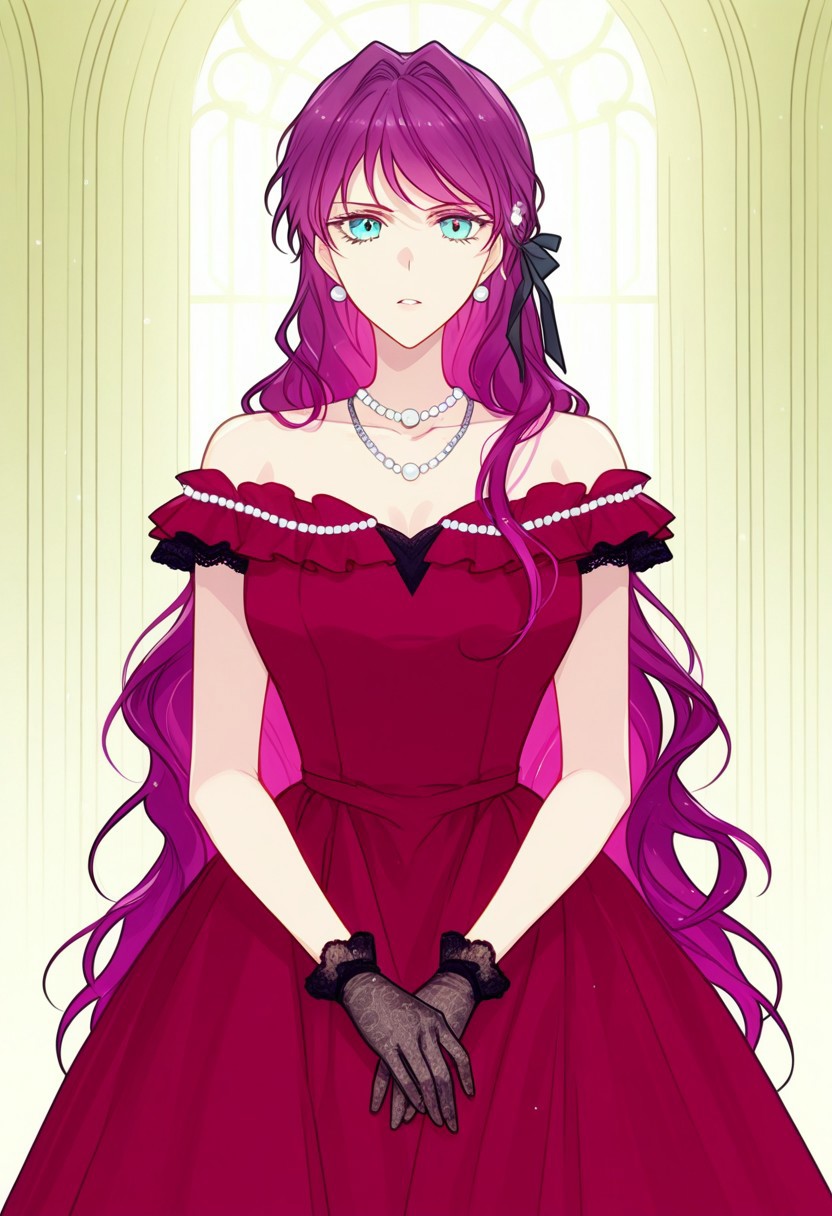 score_9, score_8_up, score_7_up, BREAK, PenelopeEckhart, very long hair, magenta hair, turquoise eyes, RedDress, black hair ribbon, pearl earrings, multiple necklaces, necklace, pearl necklace, red dress, long dress, off-shoulder dress, sleeveless dress, frilled dress, black lace gloves, 1girl, solo,