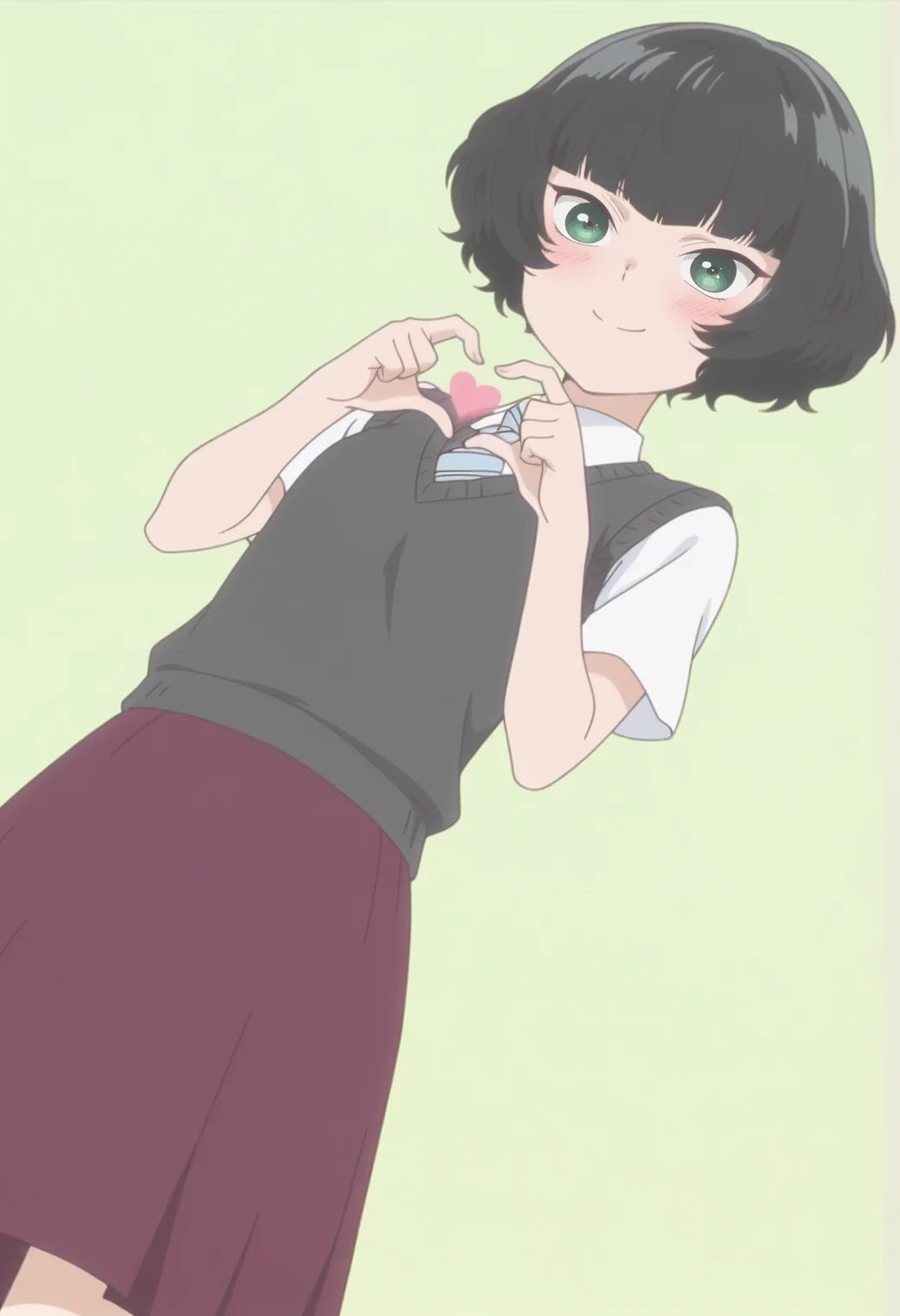 anime screencap, anime coloring,   <lora:DX888Hitoha:1> hongou hitoha, green eyes, black hair,short hair, blunt bangs, BREAK school uniform, white shirt, striped necktie, sweater vest, skirt, socks,  BREAK simple background,  green background, BREAK  1girl, blush, breasts, closed mouth, cowboy shot,  heart hands, solo, from below, dutch angle,smile,