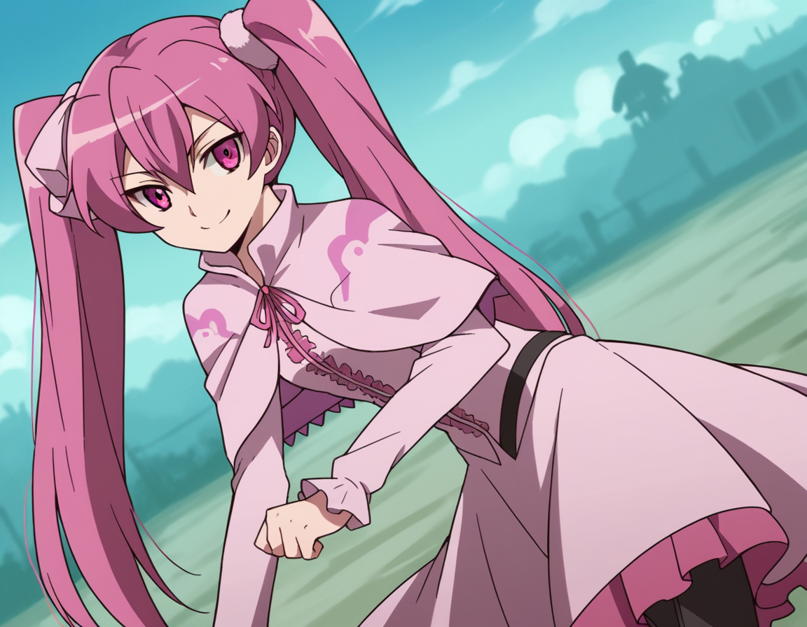 score_9, score_8_up, score_7_up, source_anime,
agkmine, <lora:agk-mine-s1-ponyxl-lora-nochekaiser:1>,
mine, long hair, twintails, pink hair, pink eyes,
dress, pantyhose, pink dress, capelet, pink capelet, pink skirt, skirt, long sleeves,
wasteland, bent over, smile,
cowboy shot, solo, dutch angle, looking at viewer,