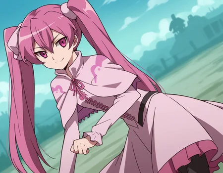 score_9, score_8_up, score_7_up, source_anime,
agkmine, <lora:agk-mine-s1-ponyxl-lora-nochekaiser:1>,
mine, long hair, twintails, pink hair, pink eyes,
dress, pantyhose, pink dress, capelet, pink capelet, pink skirt, skirt, long sleeves,
wasteland, bent over, smile,
cowboy shot, solo, dutch angle, looking at viewer,