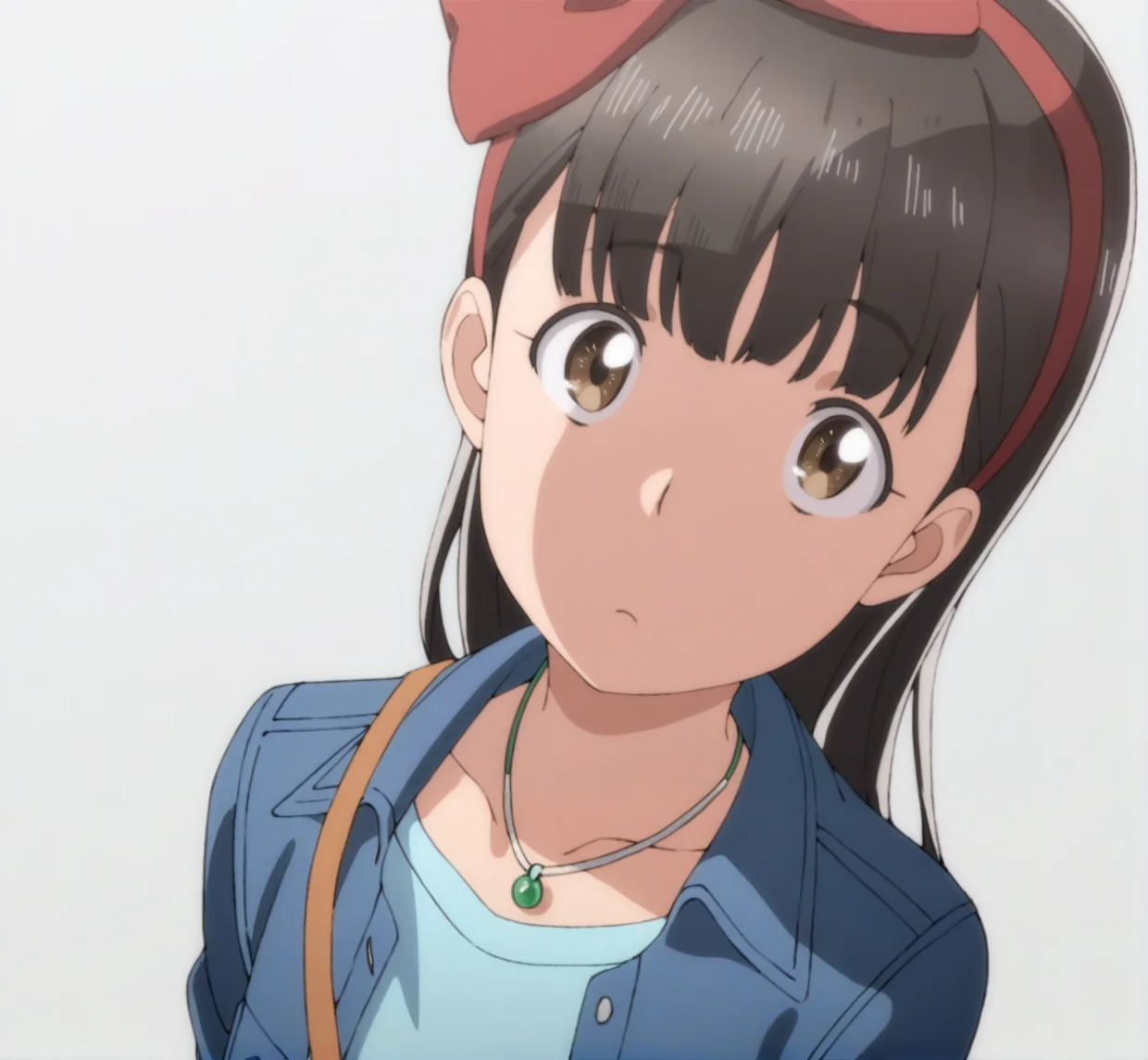 masterpiece, best quality, score_9,
 <lora:Hitomi_hinamatsuri_v11:1>, hitomi_il, 1girl, solo, brown_hair, bangs, hair_between_eyes, brown_eyes, hair_ribbon, long_hair, denim_jacket, blue_shirt, green_pendant, strap,  upper body, white background, simple background, looking at viewer, , facing viewer
