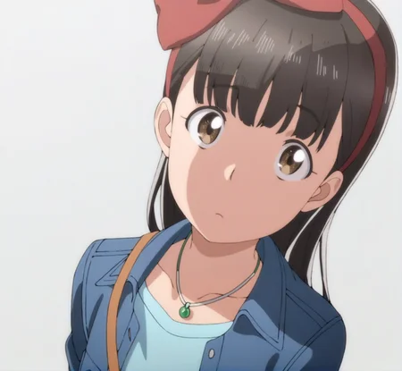 masterpiece, best quality, score_9,
<lora:Hitomi_hinamatsuri_v11:1>, hitomi_il, 1girl, solo, brown_hair, bangs, hair_between_eyes, brown_eyes, hair_ribbon, long_hair, denim_jacket, blue_shirt, green_pendant, strap, upper body, white background, simple background, looking at viewer, , facing viewer