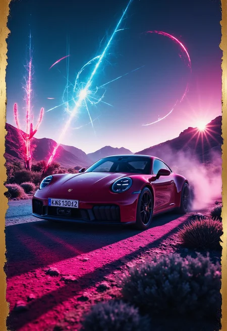 Epic Poster with text":Porsche",
Porsche 911 GTS with numberplate reads "CIVIT" driving through a futuristic desert with holographic cacti and a neon-lit sky, blending past and future aesthetics, ultra-realistic yet surreal,
, detailmaximizer, gold frame, secretlab