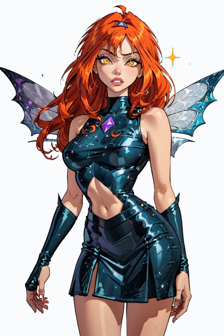 (Dark Bloom), orange hair, yellow eyes, (boots, black skirt, gloves, black shirt), wings, sparkling clothing, (solid white background, white background:1.5), (realistic:1.2), (masterpiece:1.2), (full-body-shot:1),(Cowboy-shot:1.2), dark romantic lighting, (highly detailed:1.2),(detailed face:1.2), (gradients), colorful, detailed eyes, (natural lighting:1.2), solo <lora:add_detail:0.3> <lora:BeautifulEyes:0.6> <lora:WinxClubDarkBloom-10:0.7>