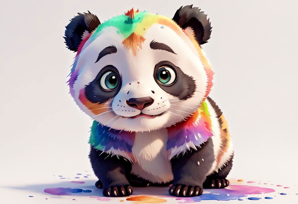 AA tabby panda baby with a lot of colors and I want the Disney Pixar style in a white background painted by watercolor 3DAnimationStyle