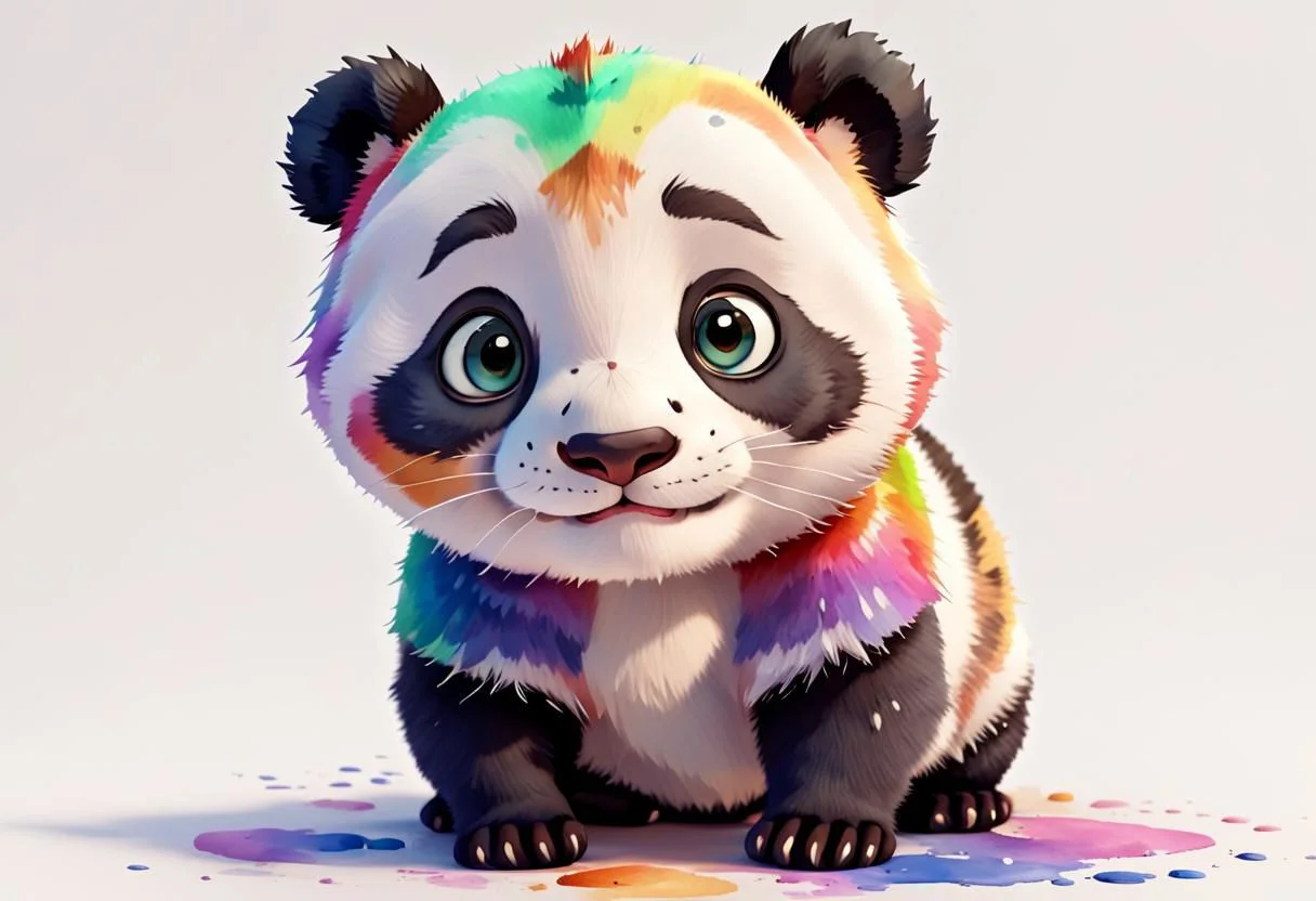 AA tabby panda baby with a lot of colors and I want the Disney Pixar style in a white background painted by watercolor 3DAnimationStyle