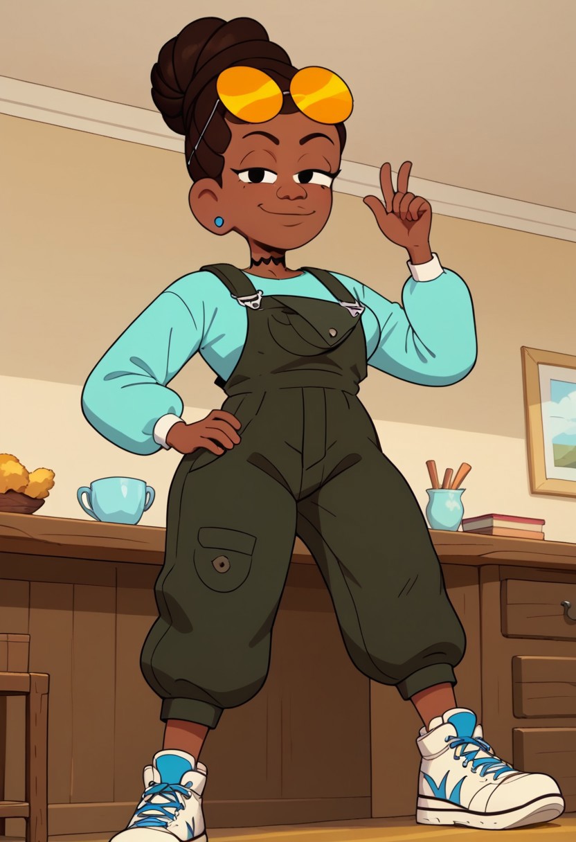 ((bedroom background)),score_9, score_8_up, score_7_up,score_6_up, 
1girl, Solo, JasmineW_Cotc, brown skin, black eyes, dark brown hair, hairstyle in a high bun, yellow sunglasses on head, small blue earrings, black choker, long sleeve aquamarine shirt, nori seaweed green overalls, white sneakers with yellow details, big eyes, tall stature, social smile, sexy face, close-up, cowboyshot, perfect eyes, perfect smile, looking at the viewer, big breasts, detailed eyes, perfect eyes, cute, standing, hand up, hand on hips, low-angle view:1.3, front view, smug face