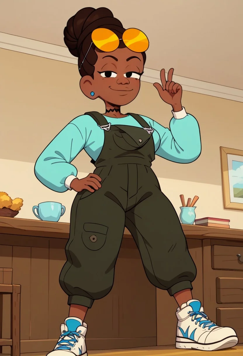 ((bedroom background)),score_9, score_8_up, score_7_up,score_6_up,
1girl, Solo, JasmineW_Cotc, brown skin, black eyes, dark brown hair, hairstyle in a high bun, yellow sunglasses on head, small blue earrings, black choker, long sleeve aquamarine shirt, nori seaweed green overalls, white sneakers with yellow details, big eyes, tall stature, social smile, sexy face, close-up, cowboyshot, perfect eyes, perfect smile, looking at the viewer, big breasts, detailed eyes, perfect eyes, cute, standing, hand up, hand on hips, low-angle view:1.3, front view, smug face