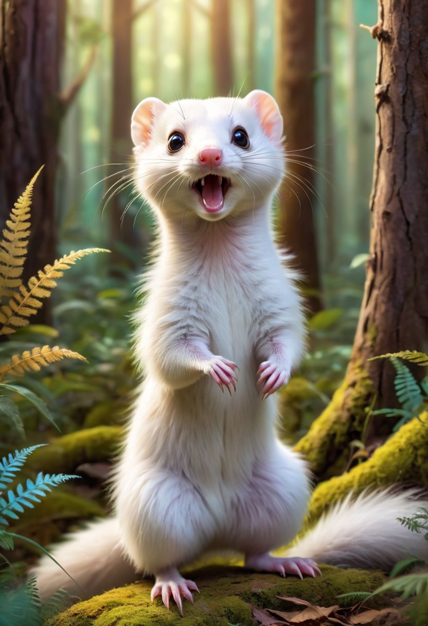 full body, furry, funny, best quality, super fine, 16k, white fluffy cute weasel, surprised expression, cute pose, in the forest, fantasy world image, fantastic and mysterious, variety of visual styles that combine various artistic elements like a sparkling iridescent pastel and vivid colors, golden fur