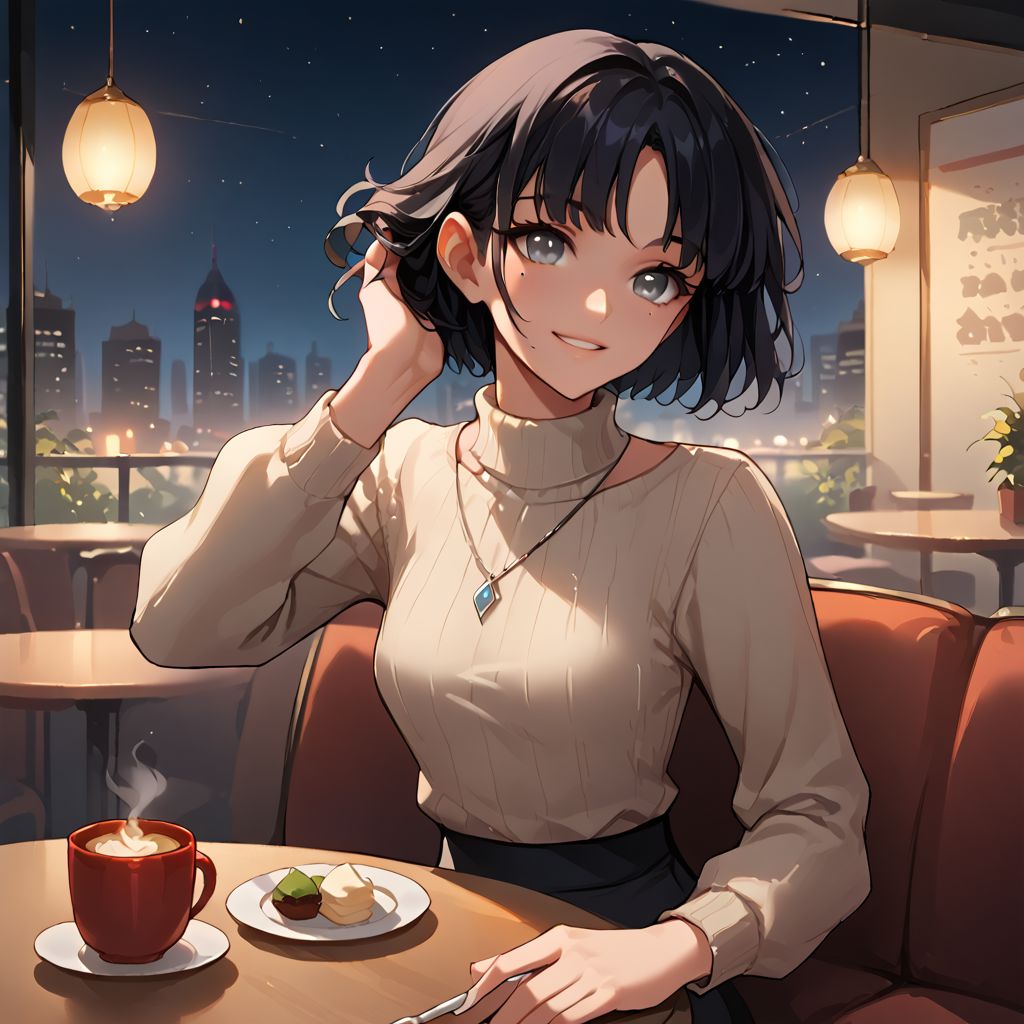 score_9, score_8_up, score_8_up, 1girl, sexy 20yo white caucasian girl, 1girl, solo focus, black hair, bob cut hair, short hair, flat bangs, grey eyes, voluminous hair, beautiful eyes, soft eyes, friendly confident smile, mole, simple pendant, large bosom, turtleneck, (cream shirt), grey miniskirt, ((black leggings)), flat shoes, (unbuttoned sweater), elbows on table, city at night, sitting in a cafe, mischievous, coffee on table, brushing hair out of face