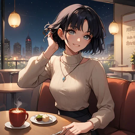 score_9, score_8_up, score_8_up, 1girl, sexy 20yo white caucasian girl, 1girl, solo focus, black hair, bob cut hair, short hair, flat bangs, grey eyes, voluminous hair, beautiful eyes, soft eyes, friendly confident smile, mole, simple pendant, large bosom, turtleneck, (cream shirt), grey miniskirt, ((black leggings)), flat shoes, (unbuttoned sweater), elbows on table, city at night, sitting in a cafe, mischievous, coffee on table, brushing hair out of face