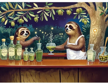 a bartender Sloth behind a counter, Olive Grove at Bedtime, detailed, particles, sub surface scattering, sharp focus <lora:OldillXL_0.4_RC:0.7>