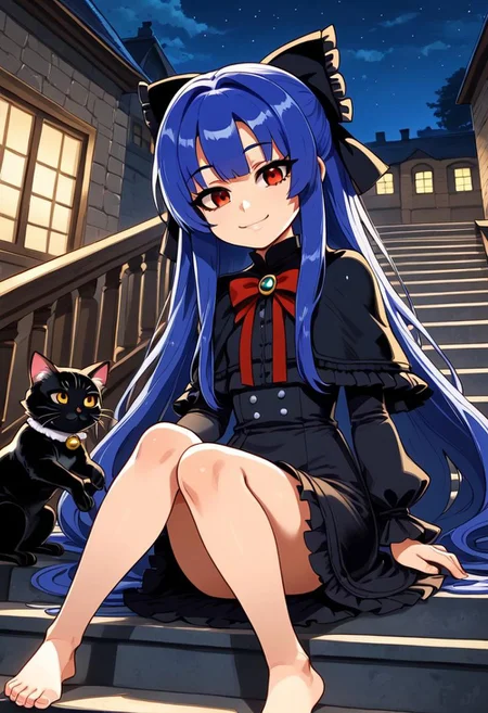 masterpiece, best quality, good quality, <lora:Shion_IES_IS:1>Shion_IES, very long hair, blue hair, hair bow, hair intakes, brown eyes, flat chest, short stack,
1girl, cat, solo, barefoot, sitting, ribbon, long hair, stairs, dress, black cat, purple hair, short hair with long locks, capelet, dutch angle, red eyes, very long hair, blue hair, hair ribbon, bow, smile, hair bow, frills, long sleeves, animal, hair intakes, sitting on stairs, on lap, feet,
night,