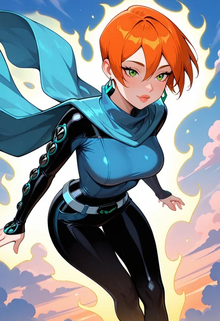masterpiece, best quality, amazing quality, very aesthetic, absurdres, newest,
gwenfut, 1girl, green eyes, solo, short hair, orange hair, breasts, jewelry, earrings, bodysuit, cape, hair between eyes, belt, lips, long sleeves, scarf,
floating, yellow aura, sky diving, between clouds, clouds background, floating pose, dynamic pose,