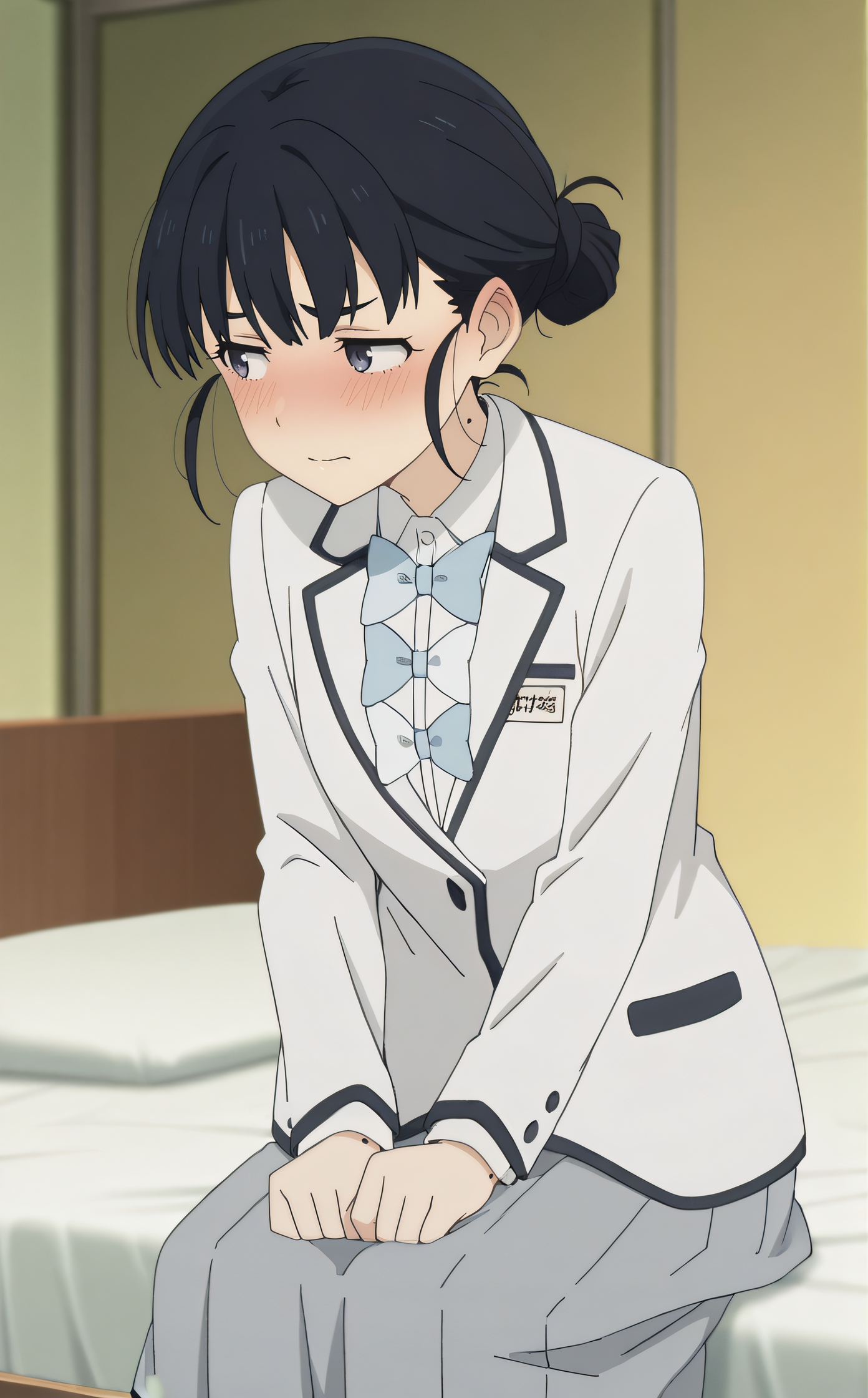 masterpiece, best quality, highres, newest, 1girl, solo, official style, anime screencap, <lora:Basori_Tiara:1>, basori, mole on neck, school uniform, white blazer, name tag, long grey skirt, embarrased, sitting on bed, blush, looking away, arms down, five fingers, simple background