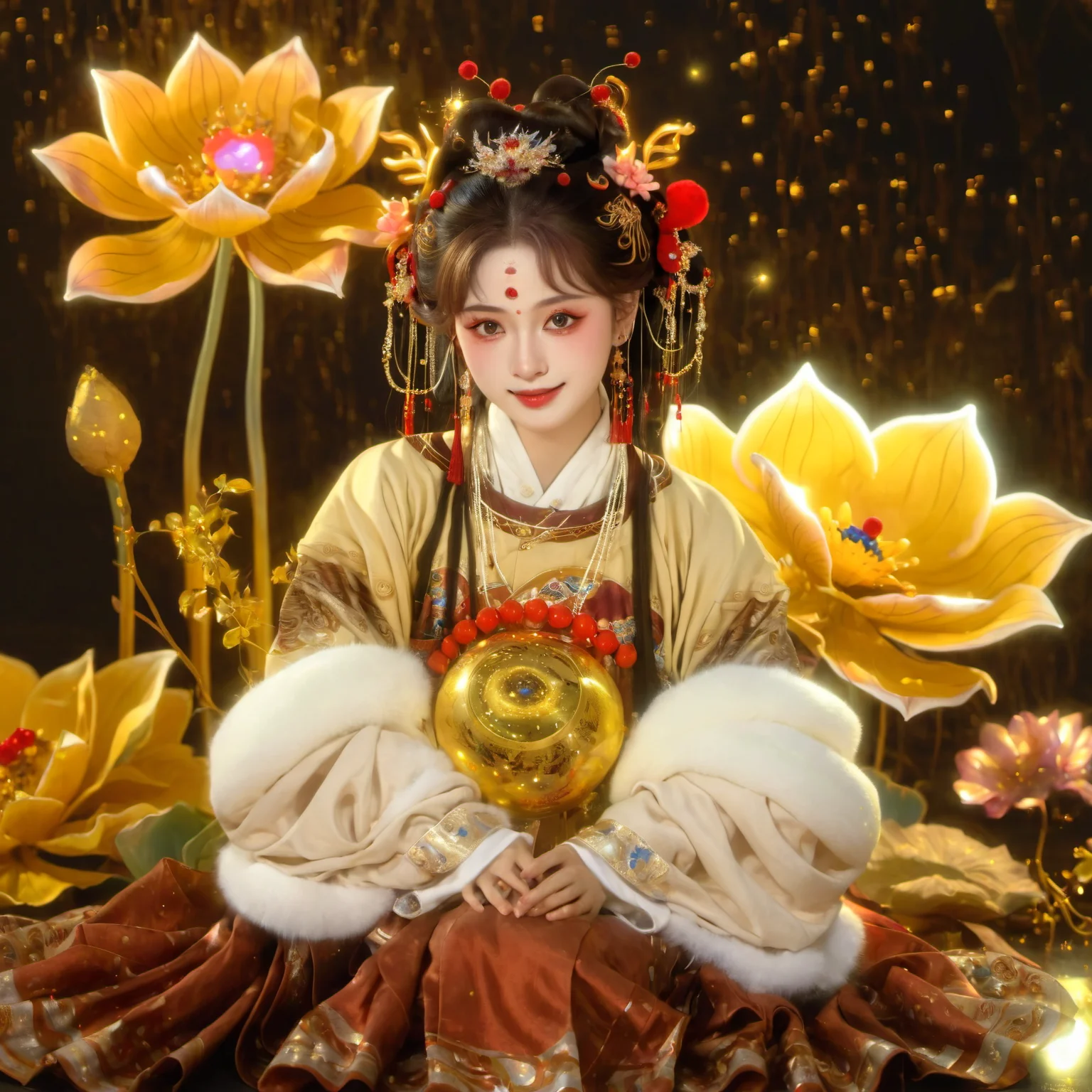 longnianhao,long2, 1girl, flower, sitting, chinese clothes, hair ornament, jewelry, long sleeves, black hair, fur trim, lotus, animal, solo, looking at viewer, gem, long hair, brown hair, puffy long sleeves, facial mark, earrings, light particles, dragon, forehead mark, yellow flower, hanfu, beads, gold, holding, bangs, makeup, indian style, tassel, puffy sleeves, shawl, blurry, animal on shoulder, hair flower, necklace, holding animal, dress, parted glowing, wide sleeves, hair stick, braid, sparkle, full body, parted bangs, hair bun<lora:longnianhaosdxl-000010:0.8>