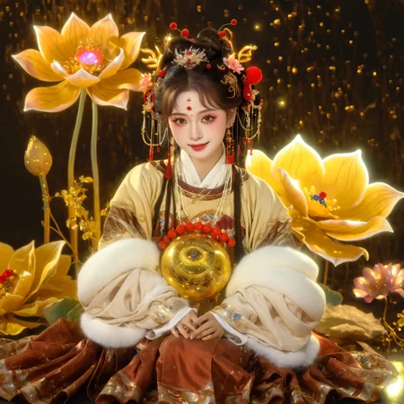 longnianhao,long2, 1girl, flower, sitting, chinese clothes, hair ornament, jewelry, long sleeves, black hair, fur trim, lotus, animal, solo, looking at viewer, gem, long hair, brown hair, puffy long sleeves, facial mark, earrings, light particles, dragon, forehead mark, yellow flower, hanfu, beads, gold, holding, bangs, makeup, indian style, tassel, puffy sleeves, shawl, blurry, animal on shoulder, hair flower, necklace, holding animal, dress, parted glowing, wide sleeves, hair stick, braid, sparkle, full body, parted bangs, hair bun<lora:longnianhaosdxl-000010:0.8>