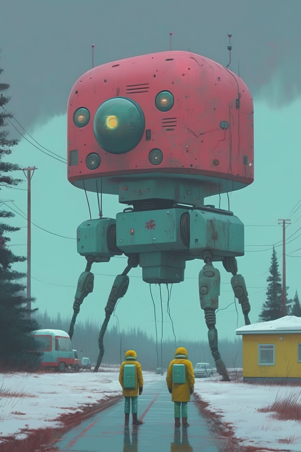 <lora:Simon Stalenhag:1>Simon Stalenhag - art style inspired by Simon Stlenhag combines realistic landscapes, retro-futuristic technology, and a touch of melancholy to create a captivating and thought-provoking visual experience. It captures the essence of his work while leaving room for personal interpretation and imaginative storytelling.