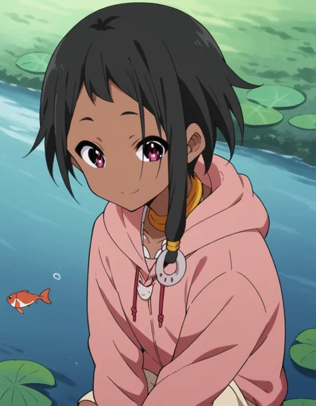 score_9, score_8_up, score_7_up, source_anime, <lora:choi-mochimazzi-s1-ponyxl-lora-nochekaiser:1>, choi mochimazzi, short hair, black hair, dark skin, dark-skinned female, pink eyes, sidelocks, jewelry, hoodie, pink hoodie, skirt,, river, flowing, fish, banks, current, smile, hands on own knees, looking at viewer, solo,, dutch angle, cowboy shot