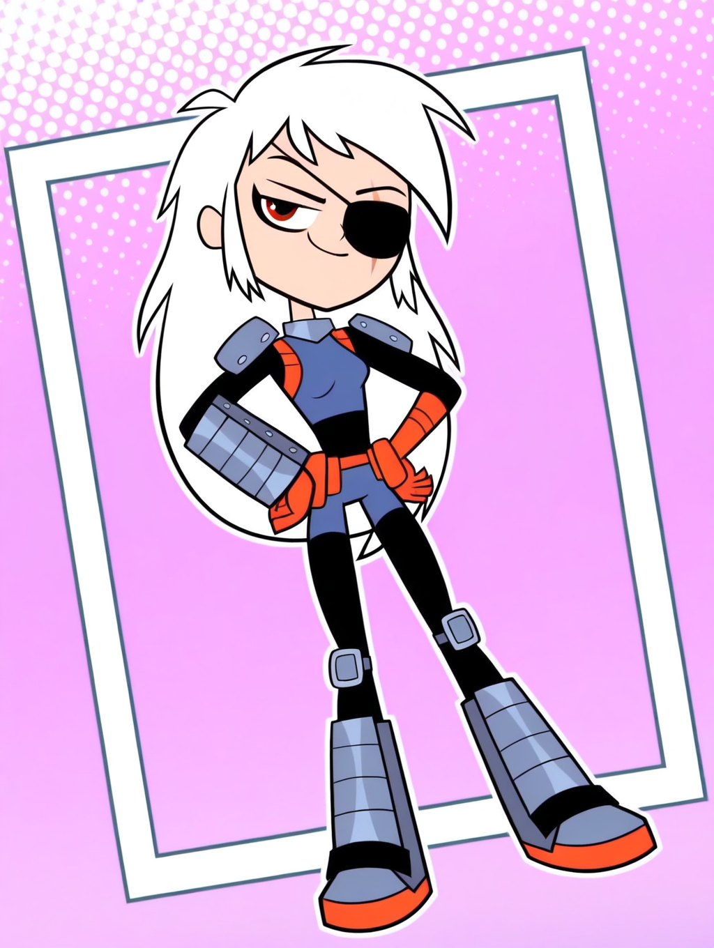 Rose_Wilson, 1girl, solo, orange eye, long hair, white hair, spiky hair, scruffy, messy, bangs, black eye-patch, scar eye, bodysuit, blue armor, metallic knee pads, orange gloves, orange utility belt, metal wrist cuffs, boots, (smile, dutch angle, Hands on hips,naughty pose, looking at viewer, solo, dynamic pose, full_body, head tilt,),(( dynamic halftone dot background, stylized background, White frame, Square frame, white outline))
