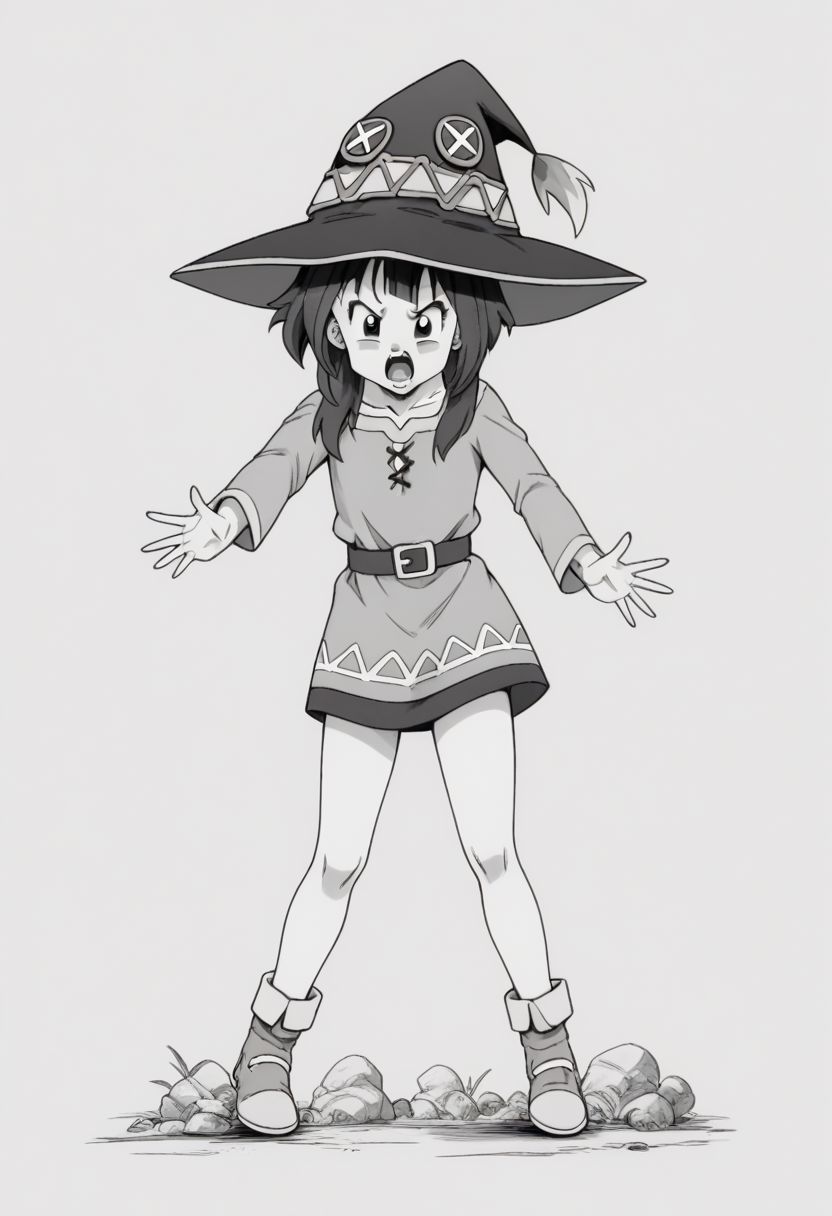 <lora:Dragon Ball_XL:0.8>, score_8_up, score_9_up, 1girl, solo, megumin, full body, open mouth, female focus, monochrome, grayscale, (perfect hands), <lyco:GoodHands-beta2:1>