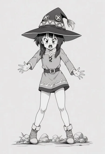 <lora:Dragon Ball_XL:0.8>, score_8_up, score_9_up, 1girl, solo, megumin, full body, open mouth, female focus, monochrome, grayscale, (perfect hands), <lyco:GoodHands-beta2:1>