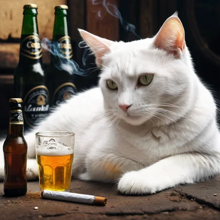 concept art of  <lora:Dark Art Painting Style:1>
a white cat laying on the ground next to a bottle of beer and a cigarette in it's mouth dark art painting style, digital artwork, illustrative, painterly, matte painting, highly detailed