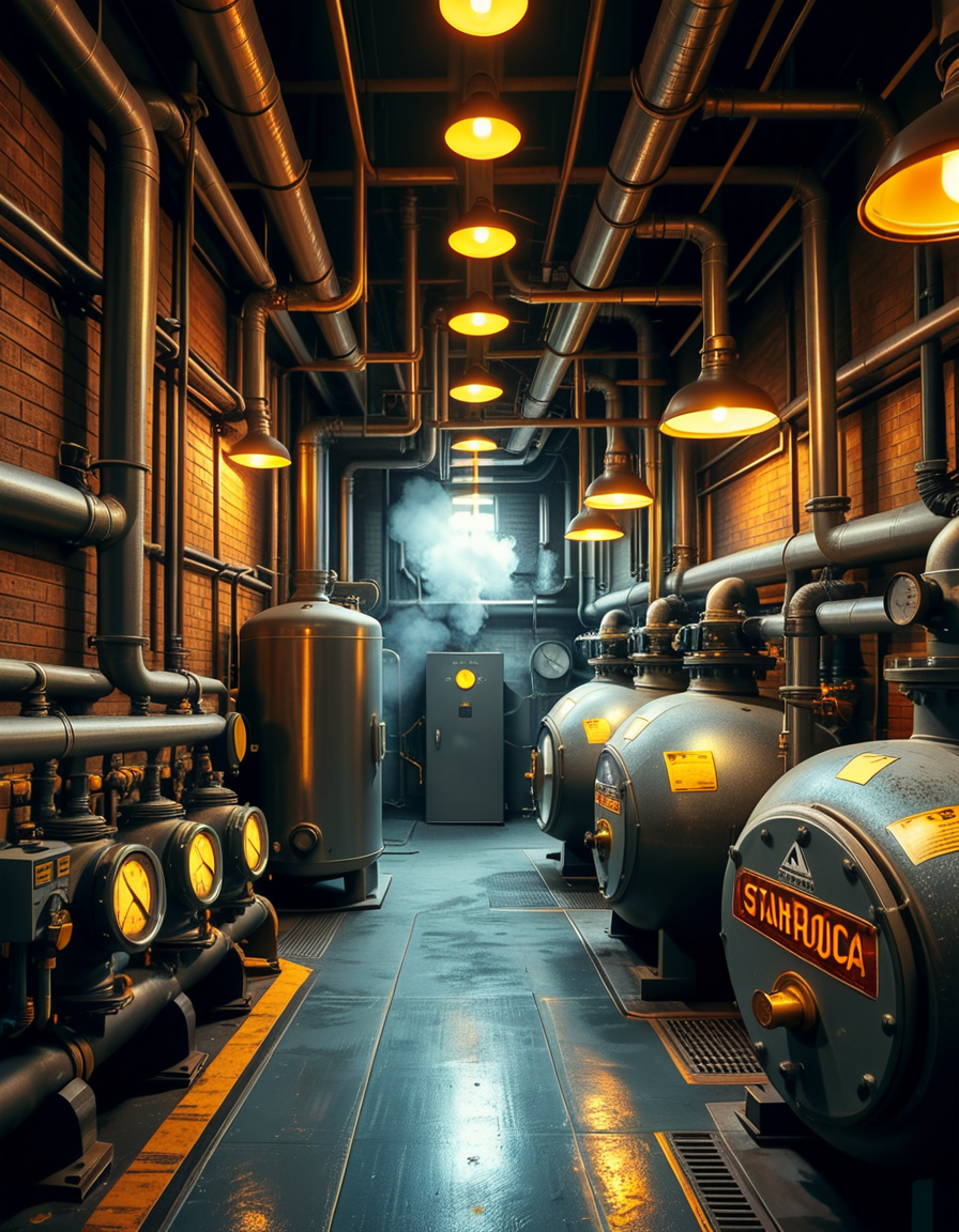 A highly detailed and realistic photograph of an industrial boiler room filled with large metal boilers, complex pipe systems, and pressure gauges. The room is dimly lit with a mix of warm yellow lighting from overhead industrial lamps and cool blue reflections from metallic surfaces. The air is slightly hazy with steam escaping from some of the pipes. The floor is made of reinforced concrete with visible stains from oil and water. Various control panels with blinking LED indicators and warning signs are mounted on the walls. The atmosphere is rugged and mechanical, evoking a sense of power and industrial efficiency. The depth of field is sharp, capturing intricate details such as rust on old pipes, the texture of the metal surfaces, and the labels on the control panels. The composition emphasizes symmetry, with pipes and machinery creating a structured, almost futuristic aesthetic. 
<lora:SDXLFaeTastic2400:0.4> <lora:extremely_detailed:0.4> extremely detailed,<lora:industrial_boiler_room:1>,industrial b01l3r r00m, Masterpiece,best quality,hi res,8k,hi res,8k,award winning,(sharp focus, intricate, highly detailed),