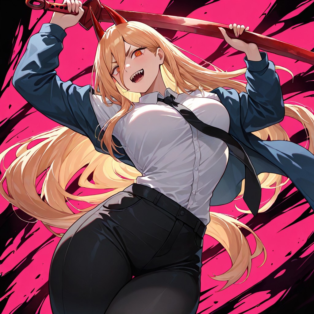 masterpiece, best quality, newest, absurdres, highres, DPWSV1.0, dynamic pose, holding sword, holding, holding weapon, weapon, sword,
1girl, power \(chainsaw_man\), demon horns, long hair, blonde hair, very long hair, red horns, black necktie, horns, cross-shaped pupils, shirt,