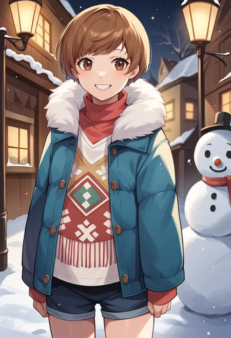 score_9, score_8_up, score_7_up, source_anime BREAK 1girl, solo,
<lora:zs_ChieXL:1> chiemidwinter, brown hair, short hair, brown eyes, blue coat, fur trim, red scarf, blue shorts,
cowboy shot, smile, village, snow, snowman,